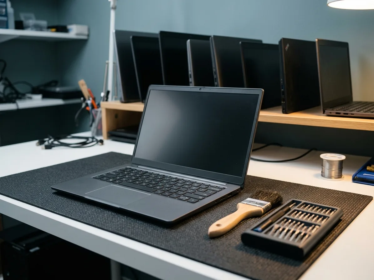 Laptop deschis pe un banc de lucru antistatic, cu unelte de curățare și alte laptopuri în așteptare